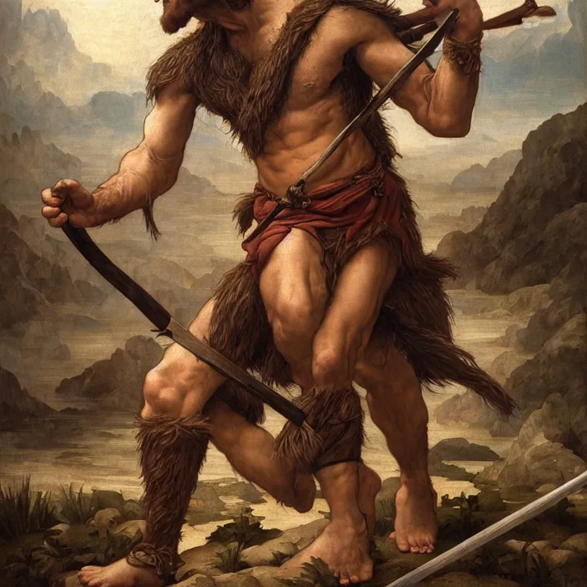 Image similar to renaissance painting full body portrait of a gruff ranger with a spear, lean and toned, handsome face, hairy chest and hairy body, D&D, intricate, elegant, highly detailed, digital painting, artstation, concept art, matte, sharp focus, chiaroscuro, well list, illustration, art by Artgerm and Greg Rutkowski and Alphonse Mucha