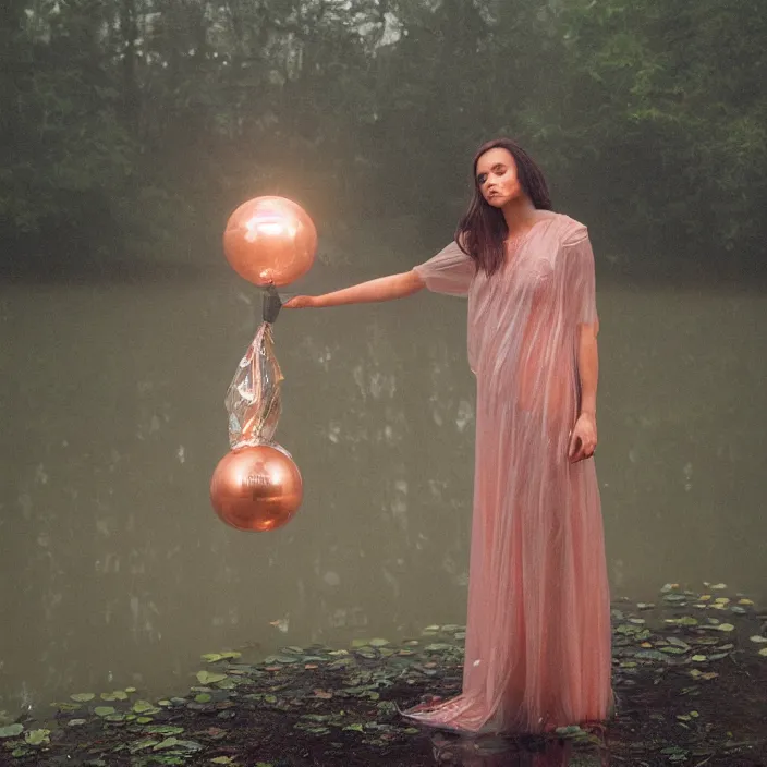 Prompt: a closeup portrait of a woman wrapped in plastic, standing next to a levitating copper orb, in a misty pond, color photograph, by vincent desiderio, canon eos c 3 0 0, ƒ 1. 8, 3 5 mm, 8 k, medium - format print