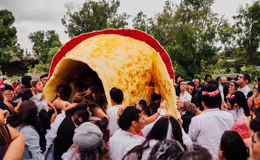 Image similar to a crowd of mexicans dancing around a giant Taco in a wedding,