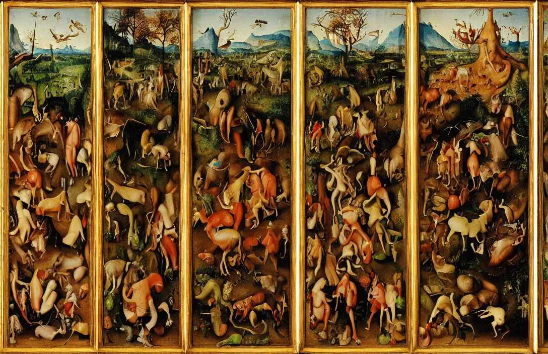 Image similar to vegetarians and carnivores, painting by bosch, extremely detailed triptych