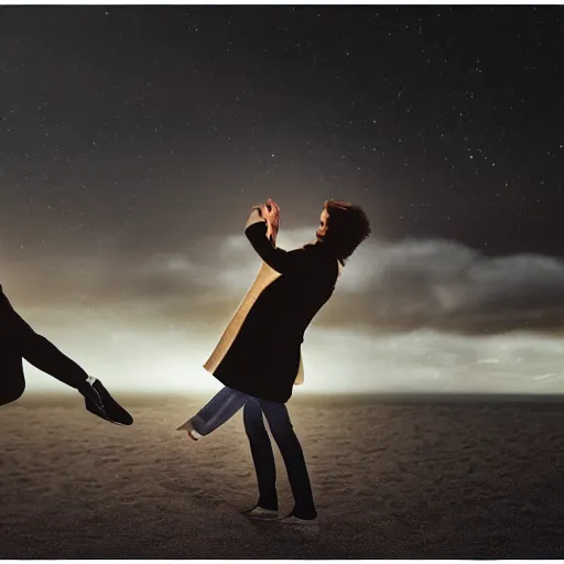 Image similar to realistic cropped photo of a man and woman, both wearing trenchcoats, dancing together on a beach during cloudy weather, at night, and it ’ s dark time