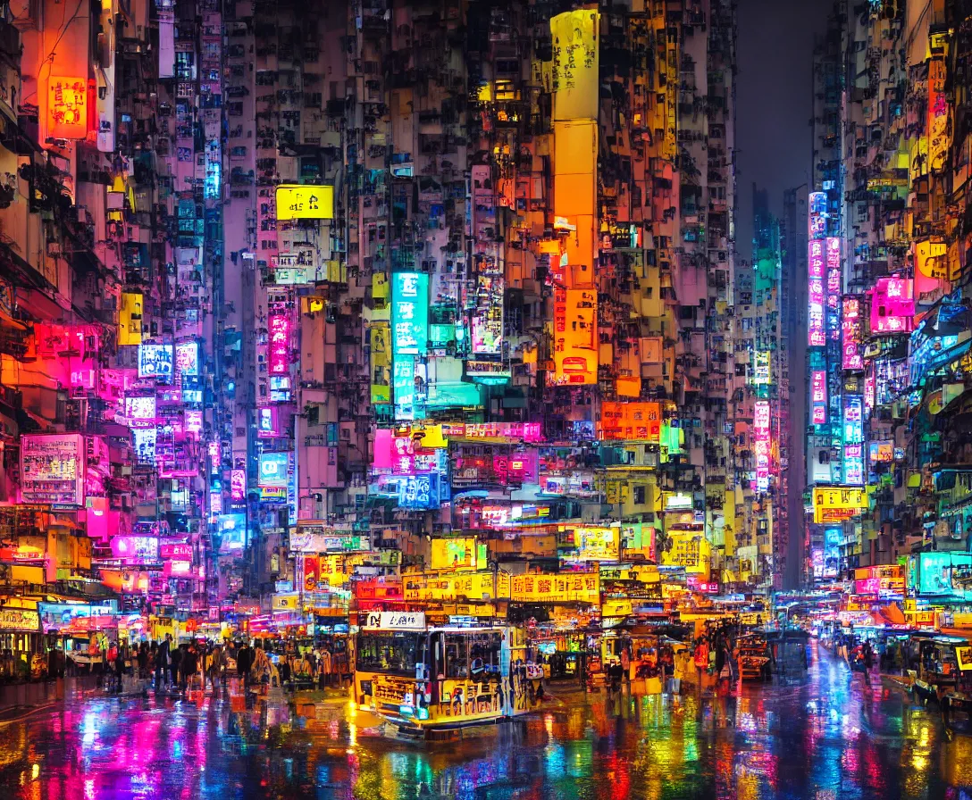 Prompt: neo hong kong, rainy atmosphere, night time, bright lights, colorful signs, busy streets, high res, kowloon