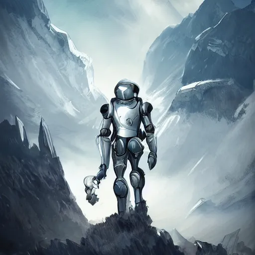 Image similar to futuristic knight, white armor, dramatic view over overgrown planet, trending on artstation