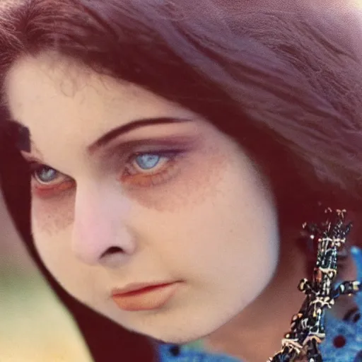 Image similar to close-up, color slide, Kodak Ektachrome E100, studio photographic portrait of Death as a young attractive, pale girl, gorgeous face, wears Egyptian Ankh Cross Pendant Necklace, Neo-Gothic looking, sits at a bench in a public park, intricate, elegant, blue hour, casual, lifelike, realistic, punk, Nikon camera, 75mm lens, f/2.8 aperture, HD, deep depth of field, sharp focus, rich deep moody colors, masterpiece image, highly detailed, Shutterstock, Curated Collections, Sony World Photography Awards, Pinterest, by Annie Leibovitz