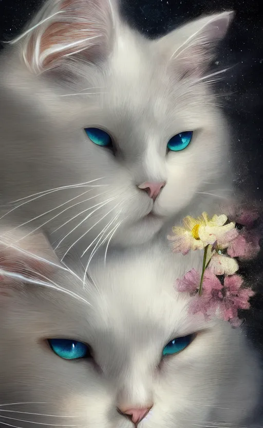 Image similar to a white cat with cosmos in its eyes, dynamic lighting, photorealistic fantasy concept art, trending on art station, stunning visuals, creative, cinematic, ultra detailed