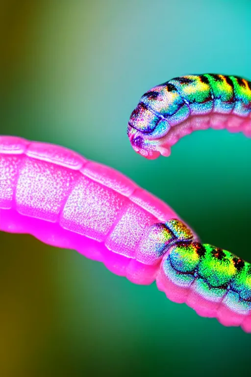 Prompt: high quality macro photo iridescent translucent caterpillar! gorgeous highly detailed david ligare elson peter cinematic pink lighting high quality low angle hd 8k sharp shallow depth of field