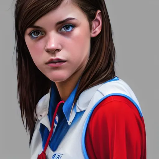 Prompt: portrait of a brunette thin teenager girl with blue eyes wearing school uniform in gta 5, light stubble with red shirt, inside modern school ,digital art,photorealistoc,art by greg rutkowski,hyperdetailed,western comic style,comic,comic style,sharp lineart,professional lighting,deviantart,artstation,trevor henderson,rossdtaws,cinematic,dramatic