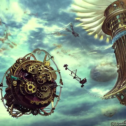 Prompt: flying city in a mechanical flower, sky, steampunk!!!, fantasy art, steampunk, masterpiece, octane, jared wulfe