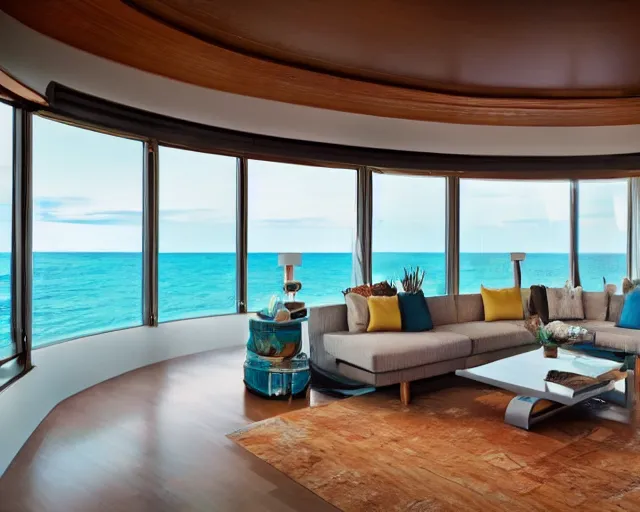 Prompt: A modern living room in a ocean hues style, ocean view, luxurious wooden coffee table, calm, relaxed style, harmony, wide angle shot, 8k resolution