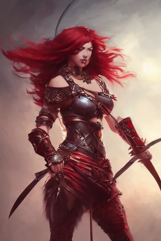 Image similar to beautiful warrior woman with red hair and two swords, fantasy, portrait, highly detailed, digital painting, trending on artstation, concept art, sharp focus, illustration, art by artgerm and greg rutkowski and magali villeneuve