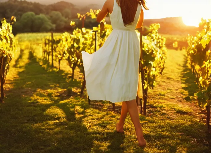 Prompt: emma watson, white wine glass, yellow sun dress, napa valley sunset, backlit, golden hour, kodak gold 2 0 0, 5 0 mm,