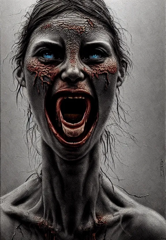 Image similar to ultra realist intricate detailed portrait of a single rugged attractive female screaming, insanity, full body, accurate features, apocalyptic, very intricate details, 8 k resolution, dim lighting, dramatic lighting, artstyle zdzisław beksinski, award winning