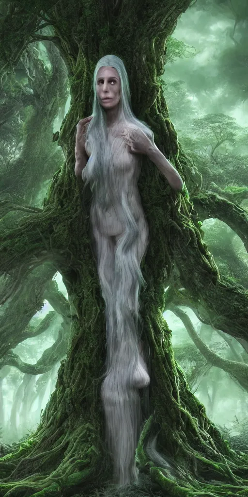 Prompt: an extraordinarily tall human mother nature with lavender hair, surrounded by a green forrest, moody , lovecraft, giger, ridley scott, zack snyder, Fenghua Zhong, realistic cinematic lighting, establishing action shot, ultra detailed, hyper realism, photo, octane render.