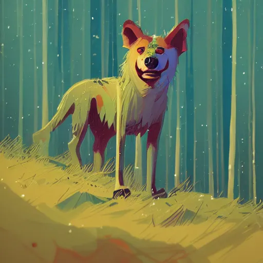 Image similar to grungy wild dog standing in a cedar forest, by anton fadeev and simon stalenhag, trending on art station