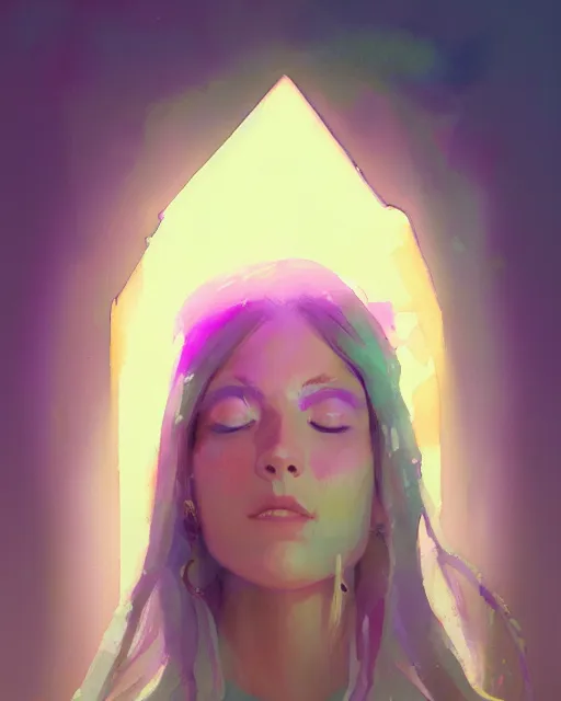 Prompt: pastel watercolor portrait of a lavender priestess, artgerm, artstation, radiant halo of light, gilding, ismail inceoglu