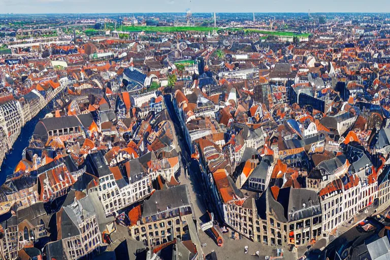 Prompt: drone view of gent belgium, hyperrealism painting, wide angle, very detailed, high resolution