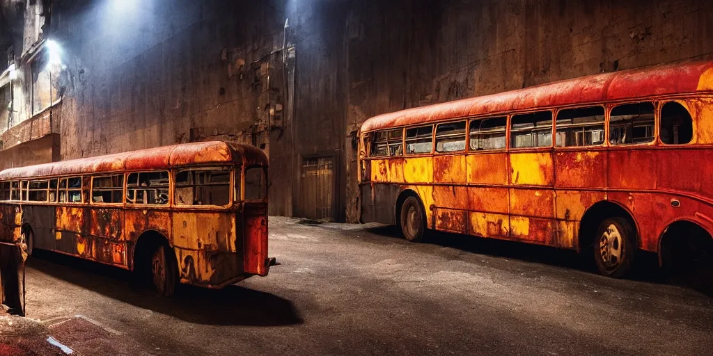 Image similar to a widescreen photo of a old rusty double - decker bus in a dark alley, low light, by steve mccurry