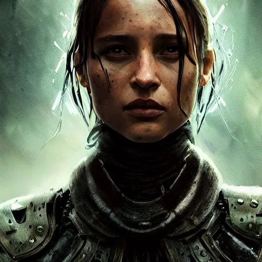 Image similar to alicia vikander portrait, dystopia core, apocalyptic, armor, warrior, dramatic, sharp focus, fiction, neon, fantasy, hyper detailed, digital art, trending in artstation, cinematic lighting, studio quality, smooth render, unreal engine 5 rendered, octane rendered, art style and nixeu and wlop and krenz cushart