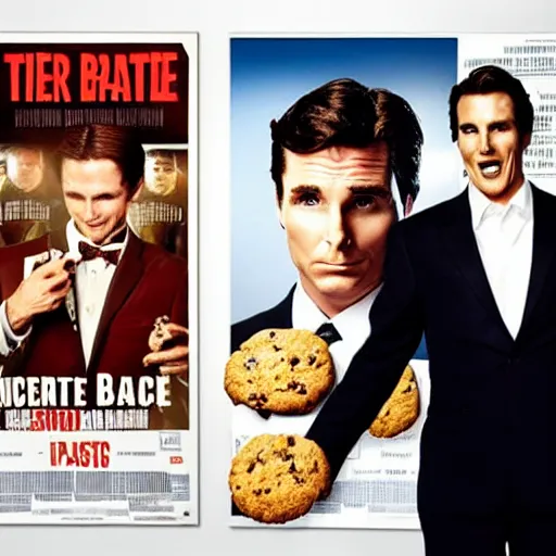 Prompt: Christian Bale as Patrick Bateman wearing a suit whilst holding a cookie, film poster