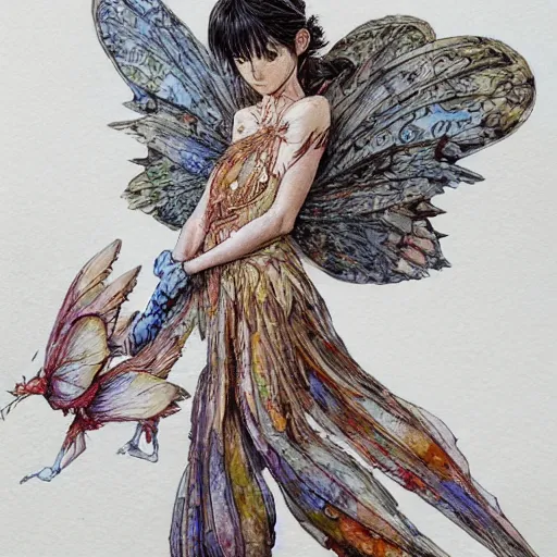 Prompt: fairy girl with wings made of pizza slices, watercolor, pen and ink, intricate line drawings, by Yoshitaka Amano, Ruan Jia, Kentaro Miura, Artgerm, detailed, trending on artstation, hd, masterpiece,