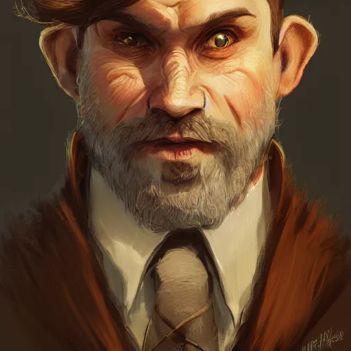 Prompt: Brown haired halfling portrait, middle aged, scruffy beard, dandy elegant fop diminutive by Anato Finnstark, Tony Sart highly detailed, digital illustration, concept art, distinguished