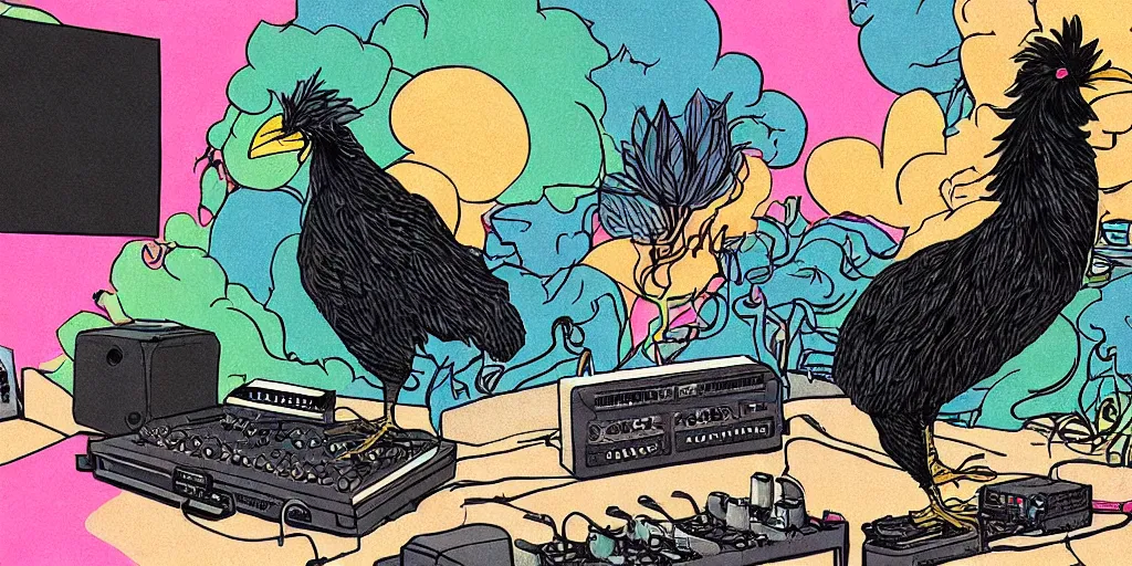 Image similar to 'black chicken'!!! smoking 'cannabis'!!!!!! in front of 'audio console'!!!! and 'multi monitors'!!!! 'in a hi-tech tv broadcasting studio'!!!!, artwork by James Gilleard