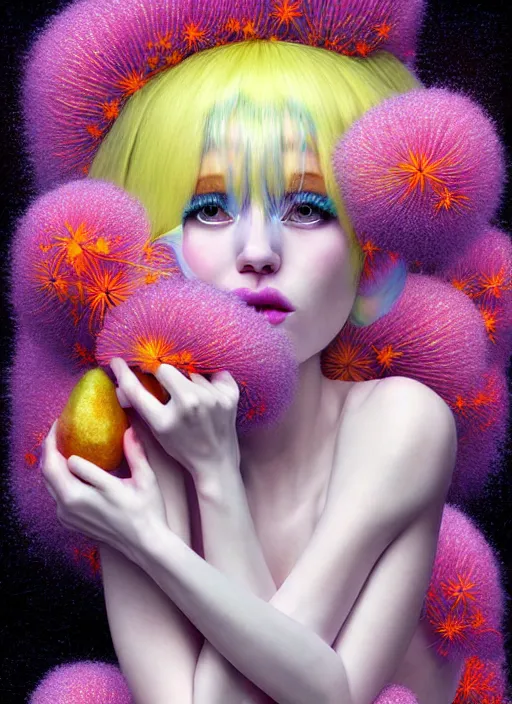 Image similar to hyper detailed 3d render like a Oil painting - kawaii portrait Aurora (white haired Singer Weasle) seen Eating of the Strangling network of yellowcake aerochrome and milky Fruit and Her delicate Hands hold of gossamer polyp blossoms bring iridescent fungal flowers whose spores black the foolish stars by Jacek Yerka, Mariusz Lewandowski, Houdini algorithmic generative render, Abstract brush strokes, Masterpiece, Edward Hopper and James Gilleard, Zdzislaw Beksinski, Mark Ryden, Wolfgang Lettl, hints of Yayoi Kasuma, octane render, 8k