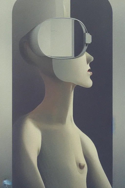 Image similar to woman wearing oculus and digital glitch head edward hopper and james gilleard, zdzislaw beksisnski, higly detailed