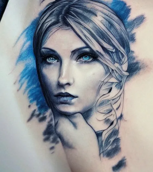 Image similar to tattoo design sketch of a beautiful blue - eyed woman face with a faded background of beautiful mountains and nature on her side, hyper - realistic, in the style of den yakovlev, amazing detail, black and white