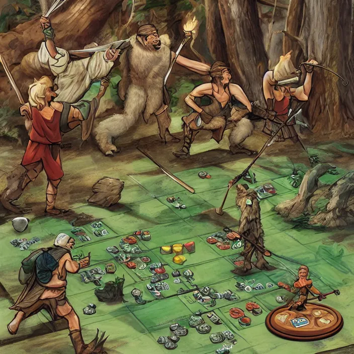 Image similar to Robin hood vs bigfoot, concept art, unmatched board game