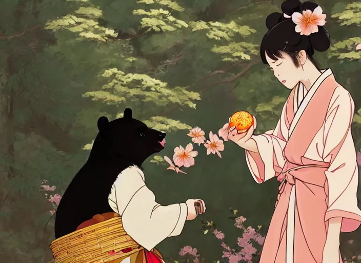 Image similar to a girl wearing a kimono giving a peach to a large anthropomorphic asian black bear, featured in artstation, artgerm, octane render, award winning, cinematic, elegant, intricate, 8 k, close up, in the style of studio ghibli and heikala and alphonse mucha and timothy kong and laia lopez and viorie,