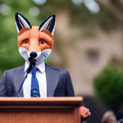 Image similar to a fox animal dressed in a suit giving a presidential speech, 8 5 mm f / 1. 4