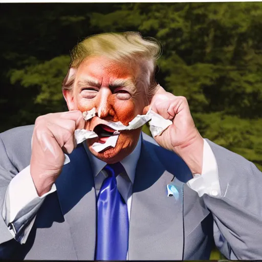 Image similar to candid portrait photo of president trump stuffing crumpled paper into his mouth wads, 2 4 mm lens