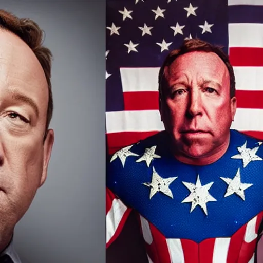 Image similar to UHD candid photo of Alex Jones dressed as a cosmic superhero, wearing red white and blue, accurate face, UHD, photorealistic, correct face, photo by Annie Leibowitz