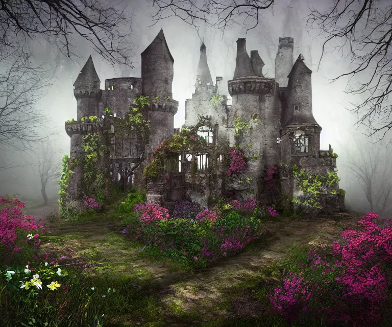Image similar to old rundown castle in the middle of a haunted forest, foggy, high fantasy, colorful flowers, aged vegetation, photorealism, symmetry
