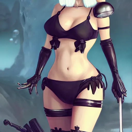 Prompt: full body portrait of 2B nier automata wearing a bikini, fantasy art by Thomas romain, safe for work, trending on artstation, artstationHD, artstationHQ