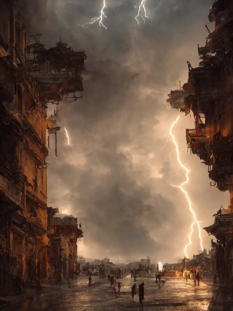 Image similar to epic scenery ancient city of troy under a sky full of lightning, intricate, elegant, volumetric lighting, digital painting, highly detailed, artstation, sharp focus, illustration, concept art, ruan jia, steve mccurry