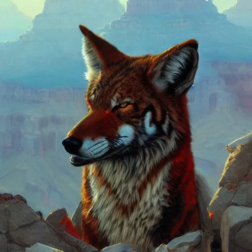 Image similar to Red Tiger Coyote Hybrid collar wearing feather crest paws tail eyes furry fuzzy standing atop grand canyon greg rutkowski greg danton tony sart raymond swanland chris foss chris cold christophe norman rockwell young acrylic 4k artstation wikiart wikipedia realism tilt-shift aspca national geographic