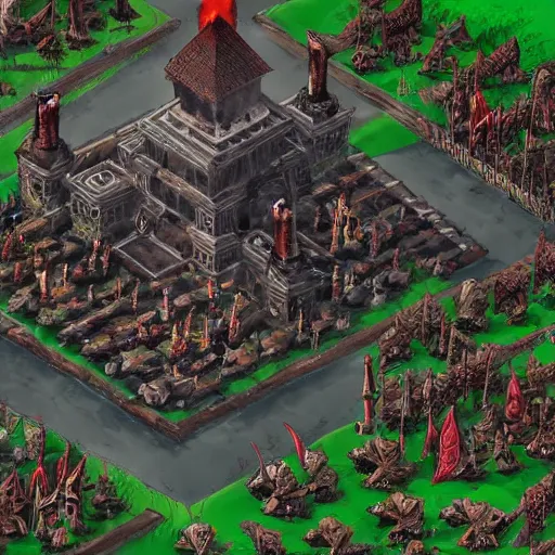 Image similar to Evil mage is standing on top of his tower, raising hands up high and leading his horde of zombies to outer lands. Isometric, high angle, big scale battle map. Highly detailed digital art, unreal engine.