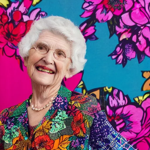 Image similar to an elderly woman dressed in extremely colorful clothes with floral patterns posing for a high fashion photoshoot