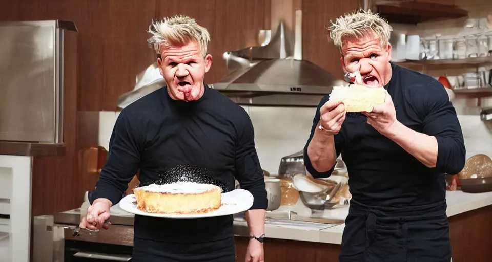 Image similar to photo of angry furious Gordon Ramsay smashing a cake in Gordon Ramsay's face at the kitchen