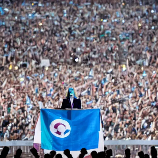 Image similar to Lady Gaga as president, Argentina presidential rally, Argentine flags behind, bokeh, giving a speech, detailed face, Argentina