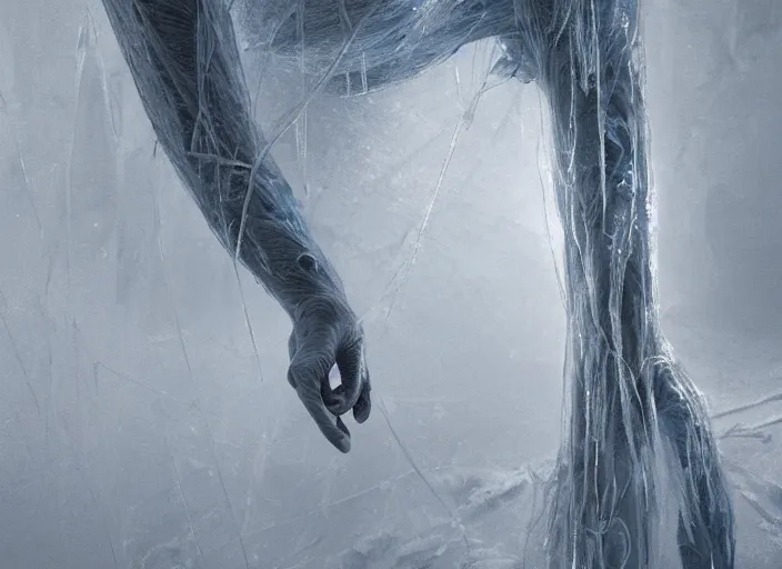 Image similar to rgb, a frozen woman, bedroom full of ice, sadness, cinematic, movie scene, inspired by zdzislaw beksinski, clothes made out of veins,, cables everywhere, bedroom, ultra realistic, concept art, intricate details, highly detailed, photorealistic, octane render, 8 k