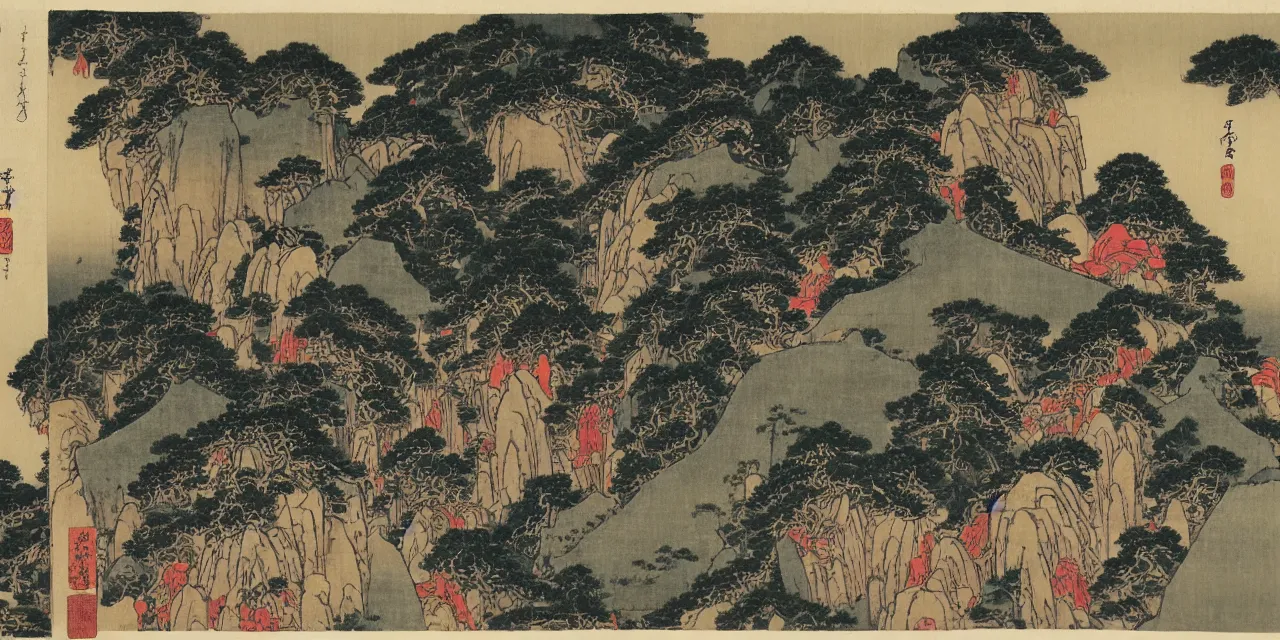 Image similar to taoist temples in huangshan, landscape by katsushika hokusai