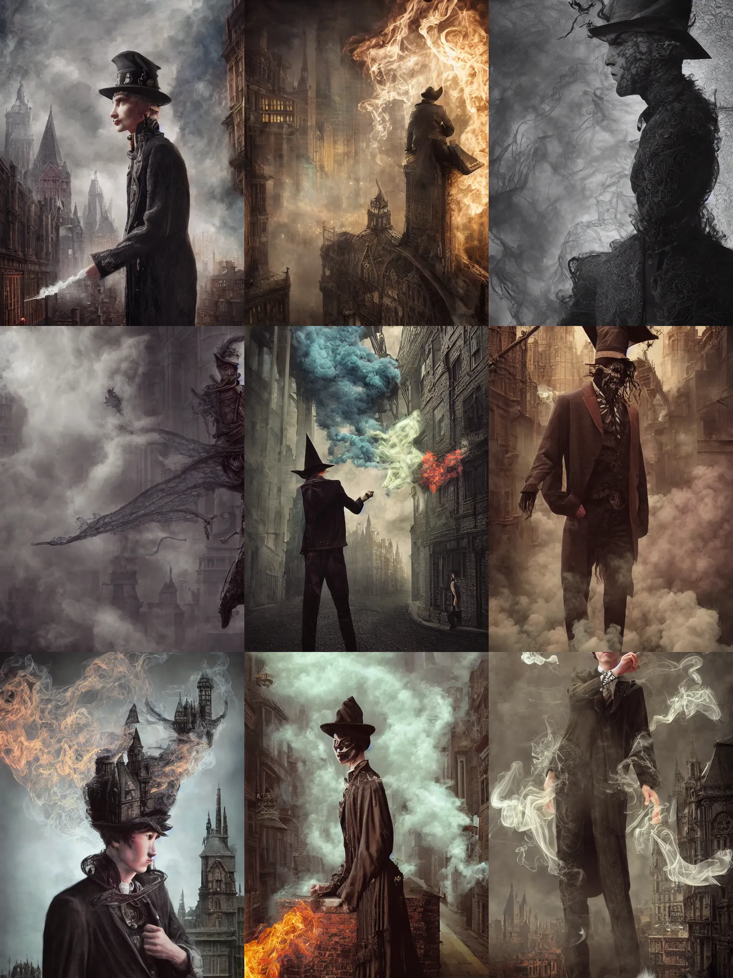 Prompt: a young man, evil wizard, victorian city vista, hyperrealism, octane render, extremely detailed, intricate colorful smoke magic, lace, style of mark ryden, earl nore, hyung tae, frank frazetta