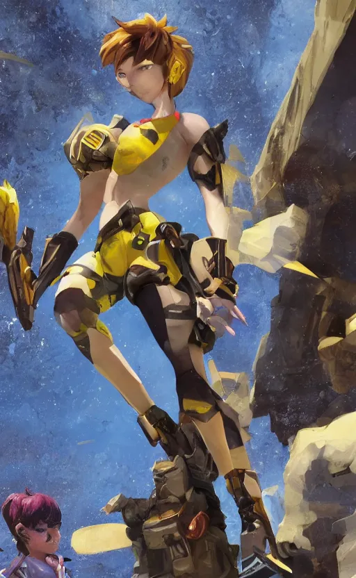 Image similar to tracer game character, in yellow bikini, blonde hair, black eyes, full height
