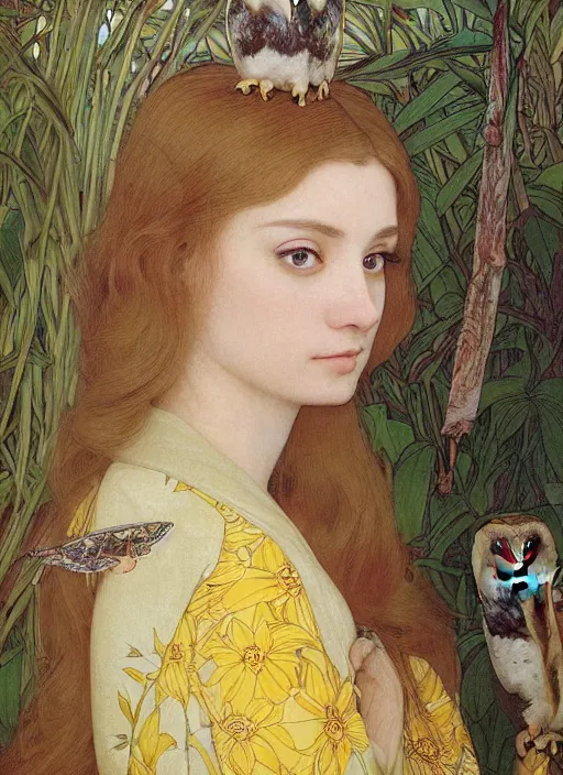 Prompt: portrait photograph of beautiful young female model, symmetric face, symmetric bright eyes, slight smile, natural light, wearing a yellow kimono with a very detailed barn owl on her shoulder!!! in a tropical greenhouse. Masterpiece!! looking at the camera!!. super resolution. Extremely detailed.by alsphonse Mucha in the aesthetic of ilya kuvshinov