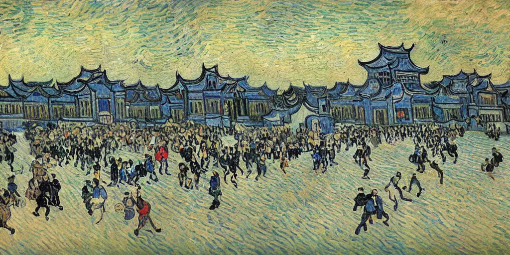 Image similar to tsinghua university is beating up peking university ， by vincent van gogh