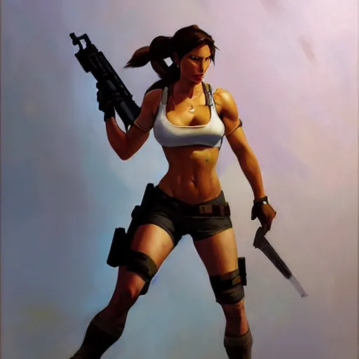 Image similar to Greg Manchess portrait painting of Lara Croft as Overwatch character, medium shot, asymmetrical, profile picture, Organic Painting, sunny day, Matte Painting, bold shapes, hard edges, street art, trending on artstation, by Huang Guangjian and Gil Elvgren and Sachin Teng