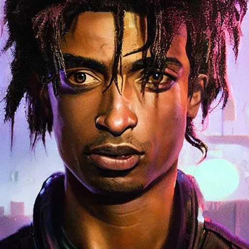 Image similar to cyberpunk, closeup portrait of a playboi carti, dramatic light, city background, sunset, dystopian setting, high contrast, sharp, neuromancer, henry dorsett case, painted by stanley lau, painted by greg rutkowski, painted by stanley artgerm, digital art, trending on artstation